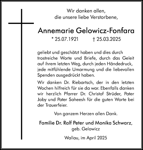 Traueranzeige von Annemarie Gelowicz-Fonfara von Hinterländer Anzeiger