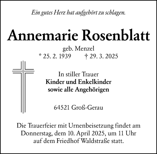 Traueranzeige von Annemarie Rosenblatt von Groß-Gerauer Echo