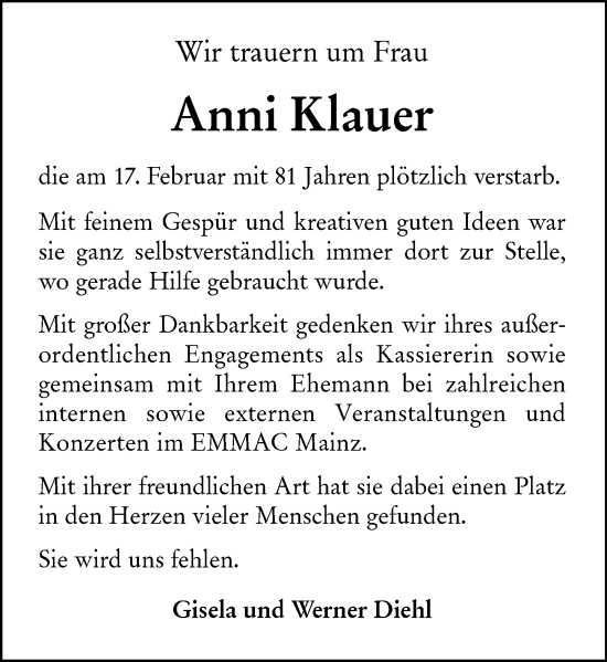 Traueranzeige von Anni Klauer von Allgemeine Zeitung Mainz