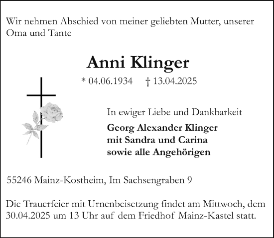 Traueranzeige von Anni Klinger von Allgemeine Zeitung Mainz