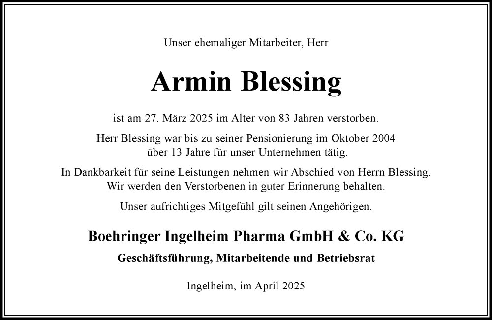 Traueranzeige für Armin Blessing vom 19.04.2025 aus Allgemeine Zeitung Rheinhessen-Nahe