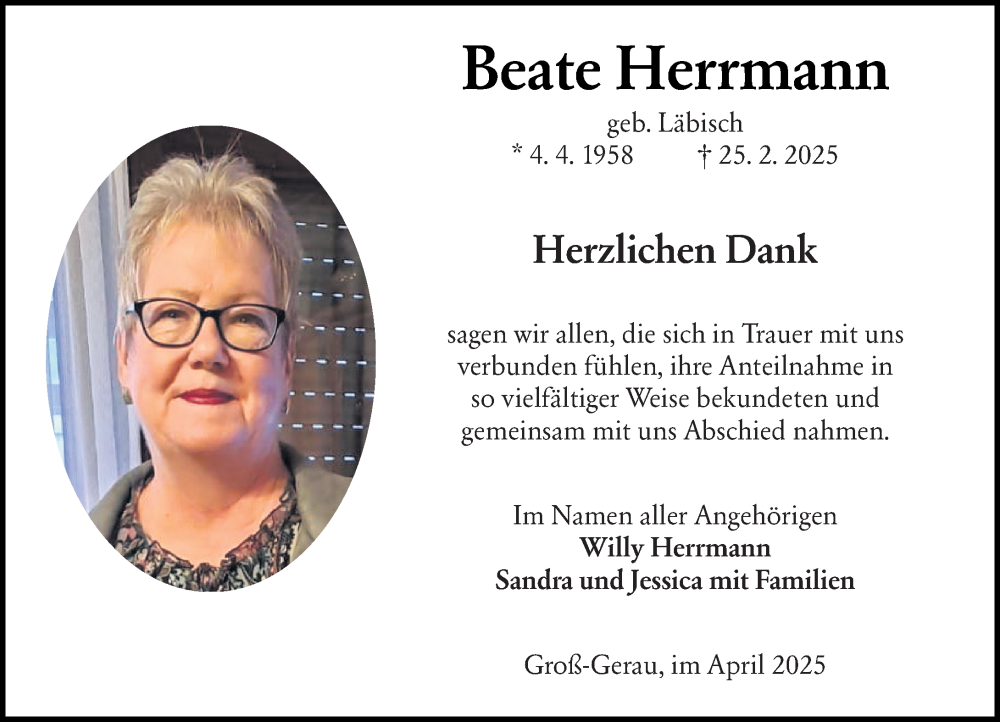  Traueranzeige für Beate Herrmann vom 05.04.2025 aus Groß-Gerauer Echo