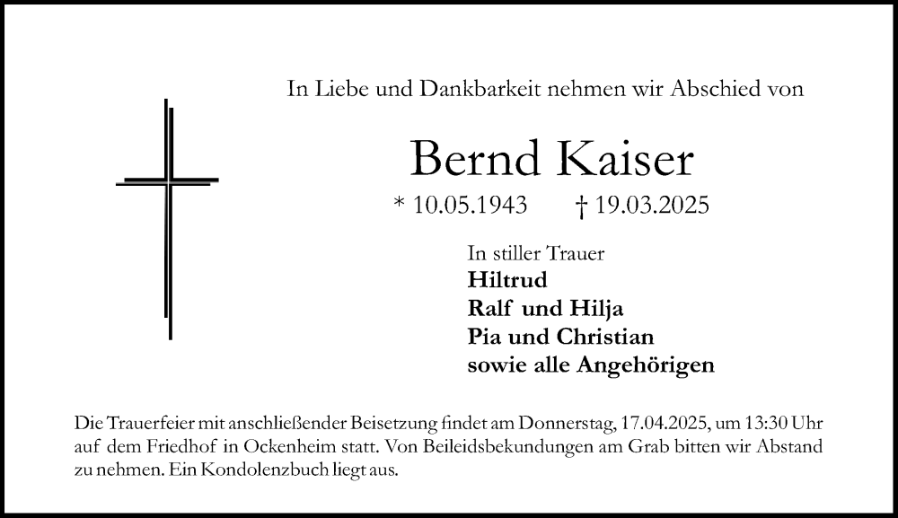  Traueranzeige für Bernd Kaiser vom 12.04.2025 aus Allgemeine Zeitung Rheinhessen-Nahe