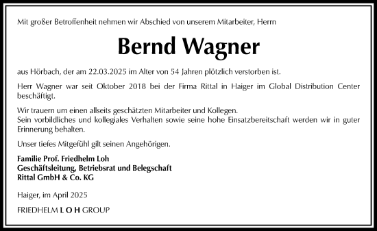 Traueranzeige von Bernd Wagner von Dill Block