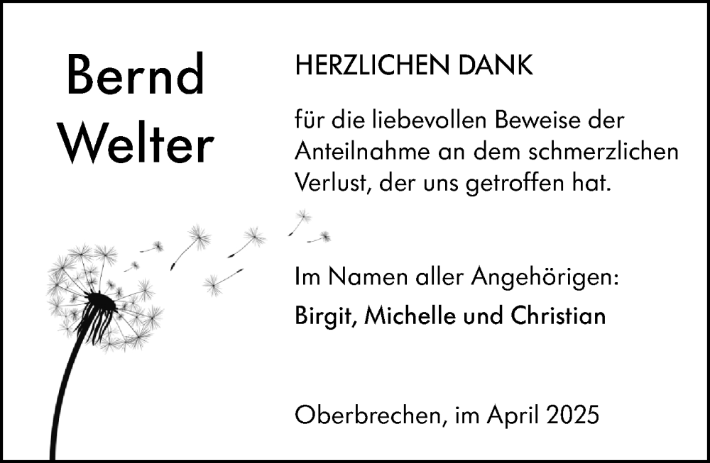  Traueranzeige für Bernd Welter vom 03.04.2025 aus Camberger Anzeiger
