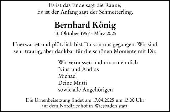 Traueranzeige von Bernhard König von Wiesbadener Kurier