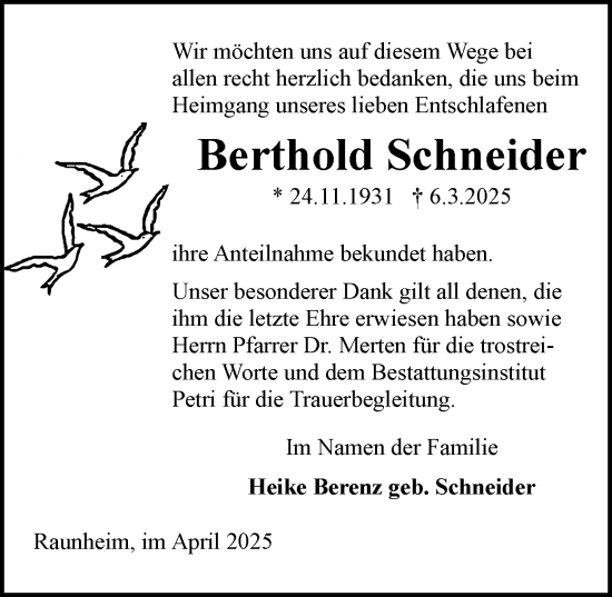 Traueranzeige von Berthold Schneider von Rüsselsheimer Echo