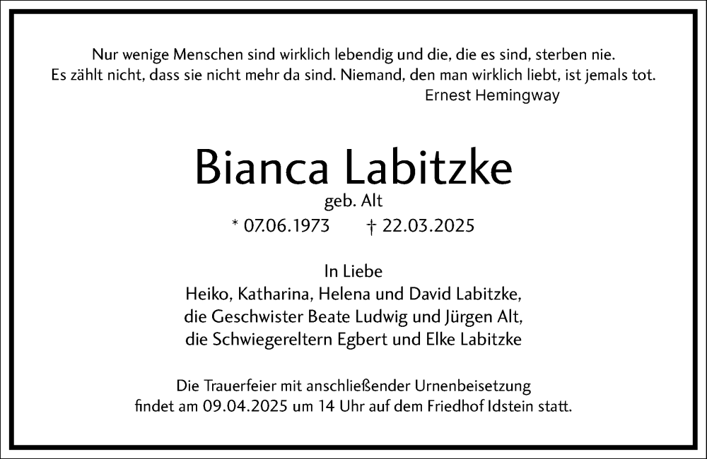  Traueranzeige für Bianca Labitzke vom 05.04.2025 aus Wiesbadener Kurier