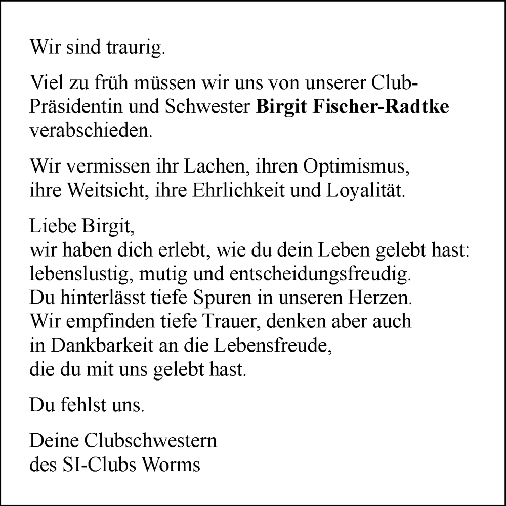  Traueranzeige für Birgit Fischer-Radtke vom 19.04.2025 aus Wormser Zeitung