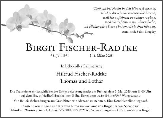 Traueranzeige von Birgit Fischer-Radtke von Wormser Zeitung