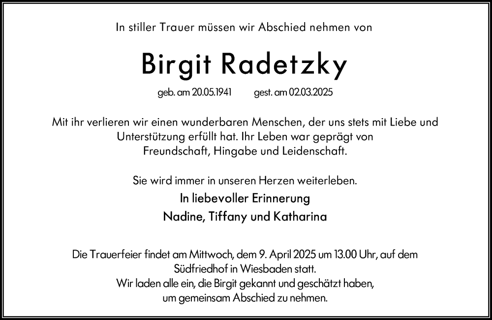  Traueranzeige für Birgit Radetzky vom 05.04.2025 aus Wiesbadener Kurier