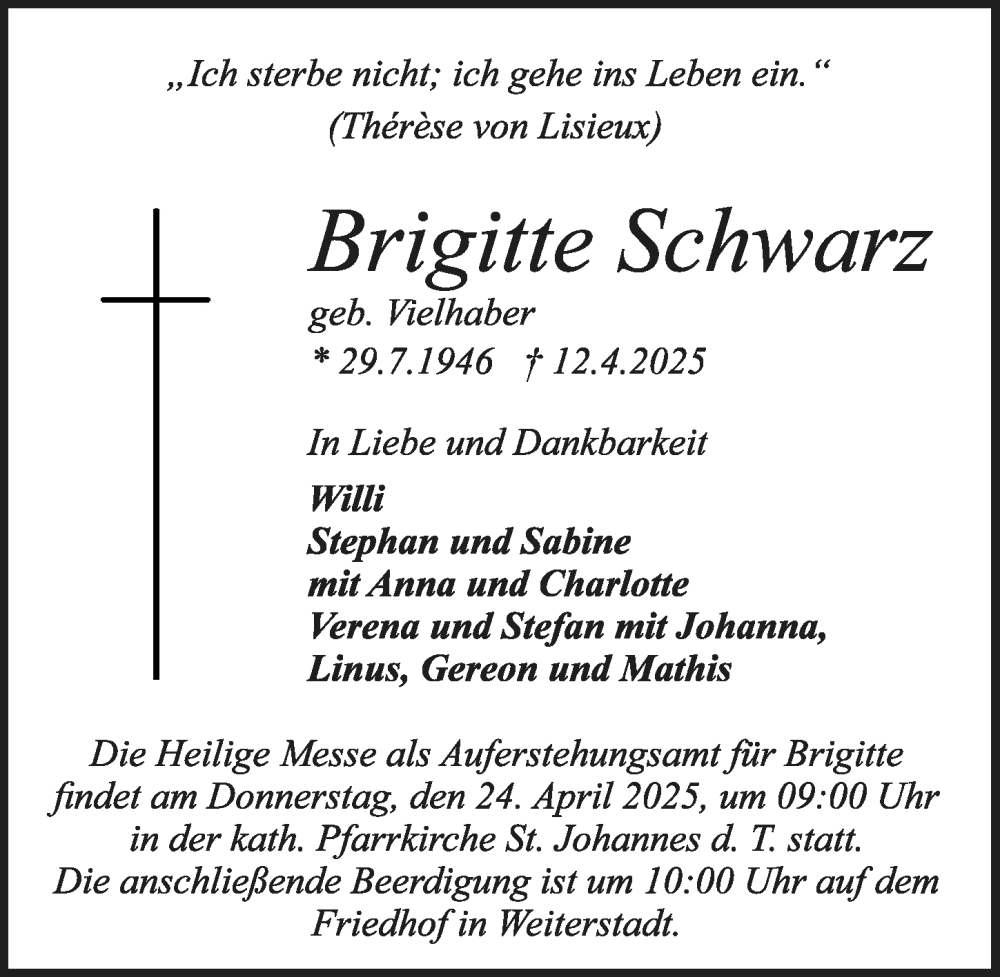  Traueranzeige für Brigitte Schwarz vom 19.04.2025 aus Darmstädter Echo
