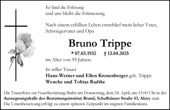 Traueranzeige von Bruno Trippe von Allgemeine Zeitung Alzey