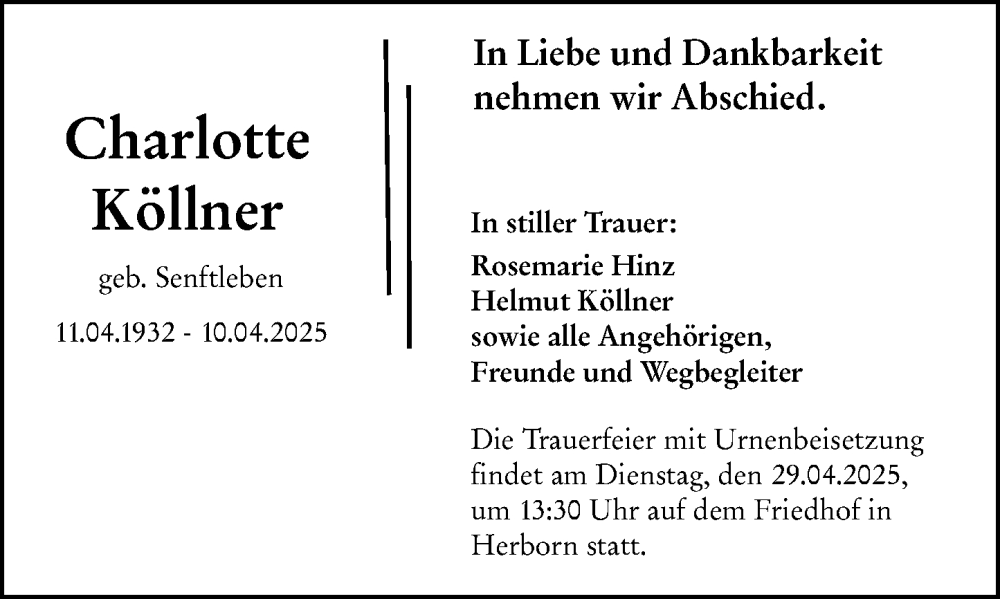  Traueranzeige für Charlotte Köllner vom 19.04.2025 aus Dill Block