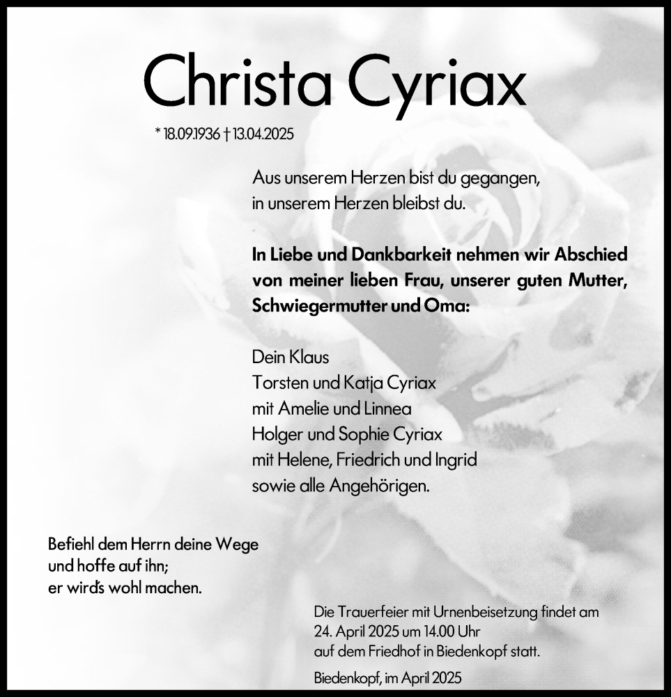  Traueranzeige für Christa Cyriax vom 19.04.2025 aus Hinterländer Anzeiger
