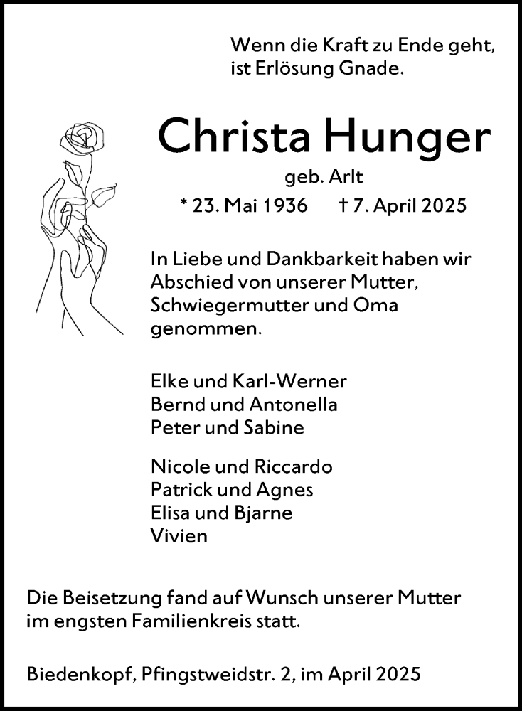  Traueranzeige für Christa Hunger vom 15.04.2025 aus Hinterländer Anzeiger