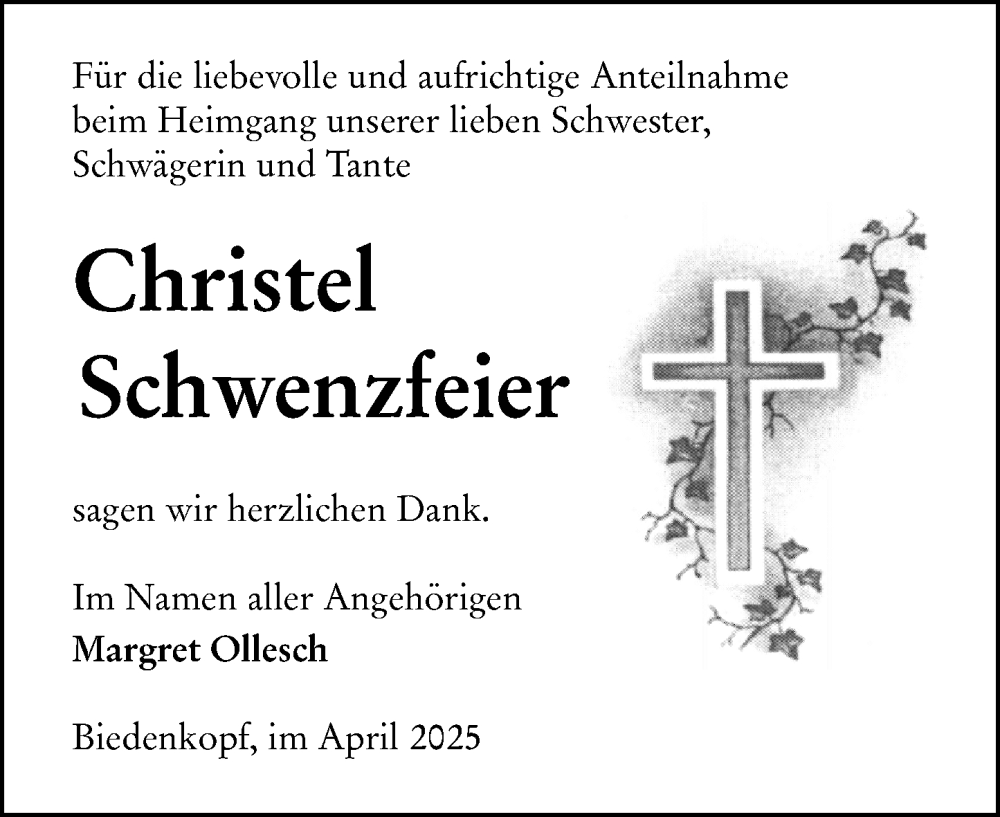  Traueranzeige für Christel Schwenzfeier vom 12.04.2025 aus Hinterländer Anzeiger