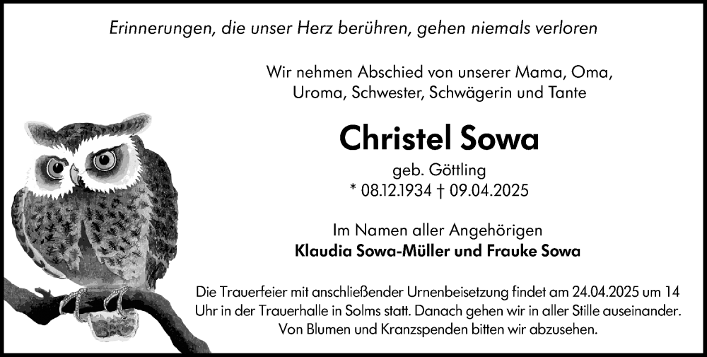  Traueranzeige für Christel Sowa vom 19.04.2025 aus Wetzlarer Neue Zeitung