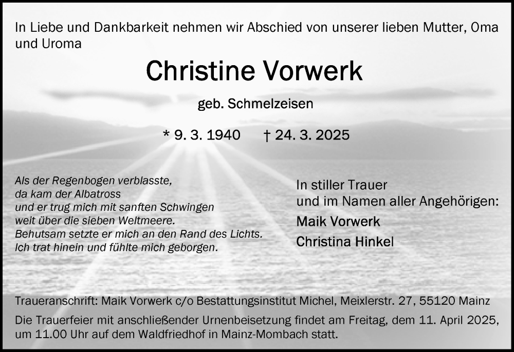  Traueranzeige für Christine Vorwerk vom 05.04.2025 aus Allgemeine Zeitung Mainz