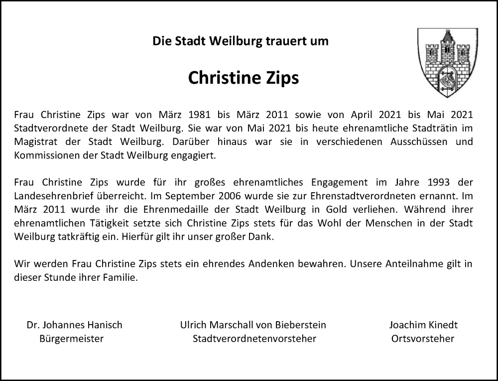  Traueranzeige für Christine Zips vom 07.04.2025 aus Weilburger Tageblatt