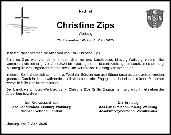 Traueranzeige von Christine Zips von Weilburger Tageblatt