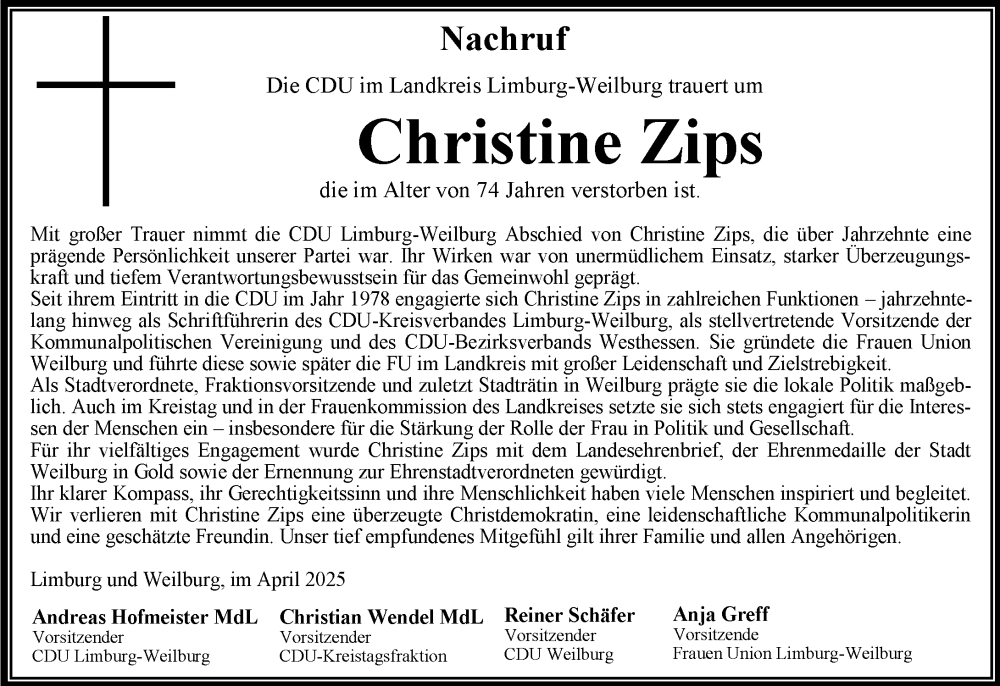 Traueranzeige für Christine Zips vom 08.04.2025 aus Weilburger Tageblatt
