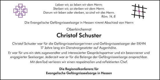Traueranzeige von Christof Schuster von Hinterländer Anzeiger