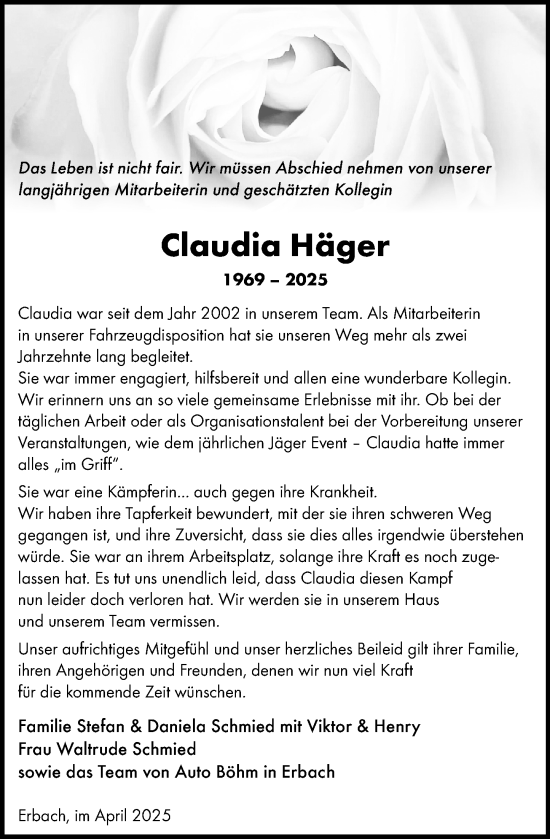 Traueranzeige von Claudia Häger von Odenwälder Echo