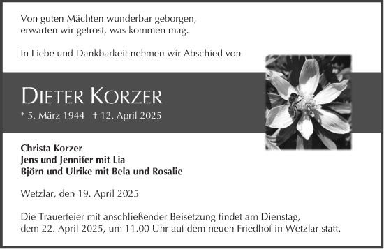 Traueranzeige von Dieter Korzer von Wetzlarer Neue Zeitung