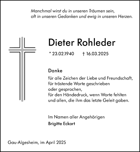 Traueranzeige von Dieter Rohleder von Allgemeine Zeitung Rheinhessen-Nahe