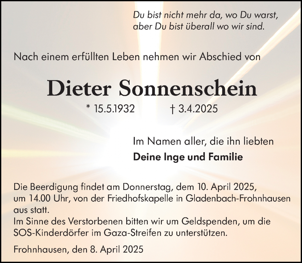  Traueranzeige für Dieter Sonnenschein vom 08.04.2025 aus Hinterländer Anzeiger