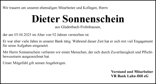 Traueranzeige von Dieter Sonnenschein von Hinterländer Anzeiger