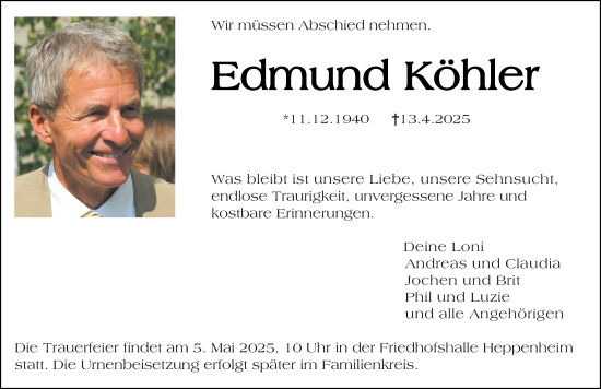 Traueranzeige von Edmund Köhler von Starkenburger Echo