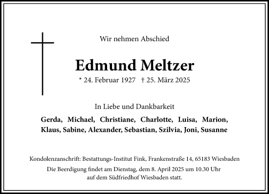 Traueranzeige von Edmund Meltzer von Wiesbadener Kurier