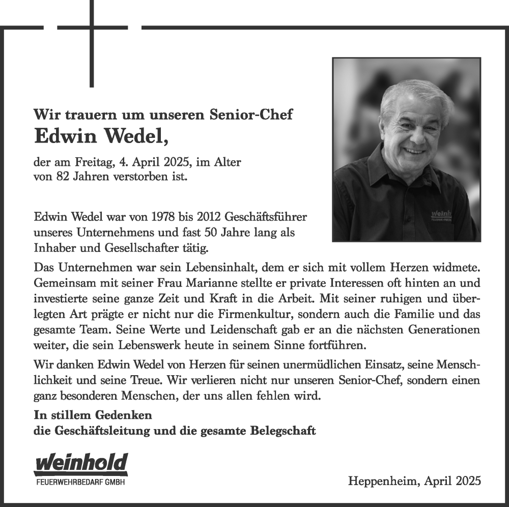  Traueranzeige für Edwin Wedel vom 19.04.2025 aus Starkenburger Echo