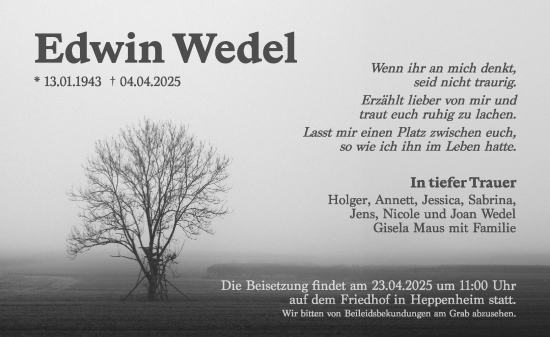 Traueranzeige von Edwin Wedel von Starkenburger Echo