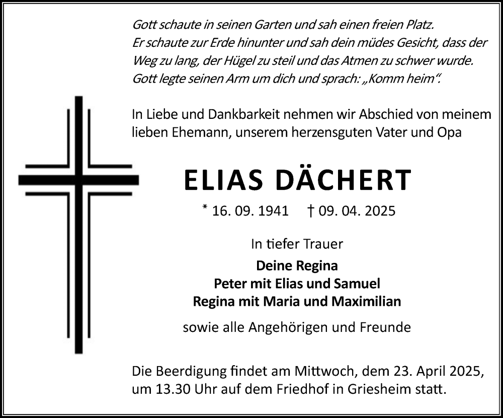  Traueranzeige für Elias Dächert vom 12.04.2025 aus Darmstädter Echo