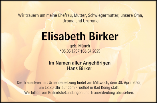 Traueranzeige von Elisabeth Birker von Odenwälder Echo
