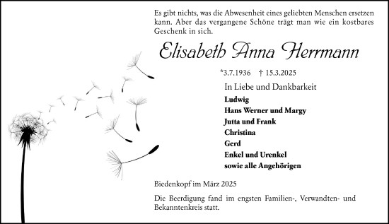 Traueranzeige von Elisabeth Anna Herrmann von Hinterländer Anzeiger