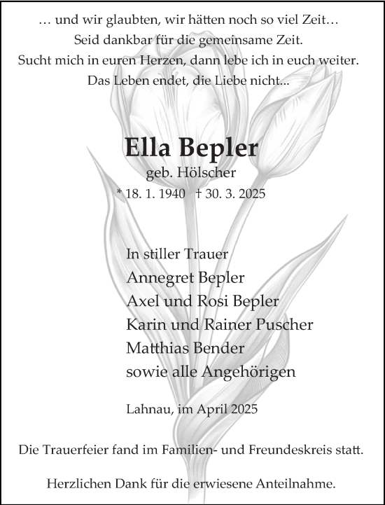 Traueranzeige von Ella Bepler von Wetzlarer Neue Zeitung