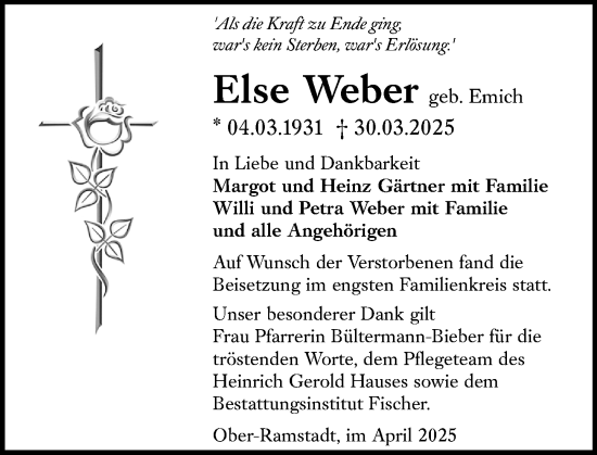 Traueranzeige von Else Weber von Darmstädter Echo