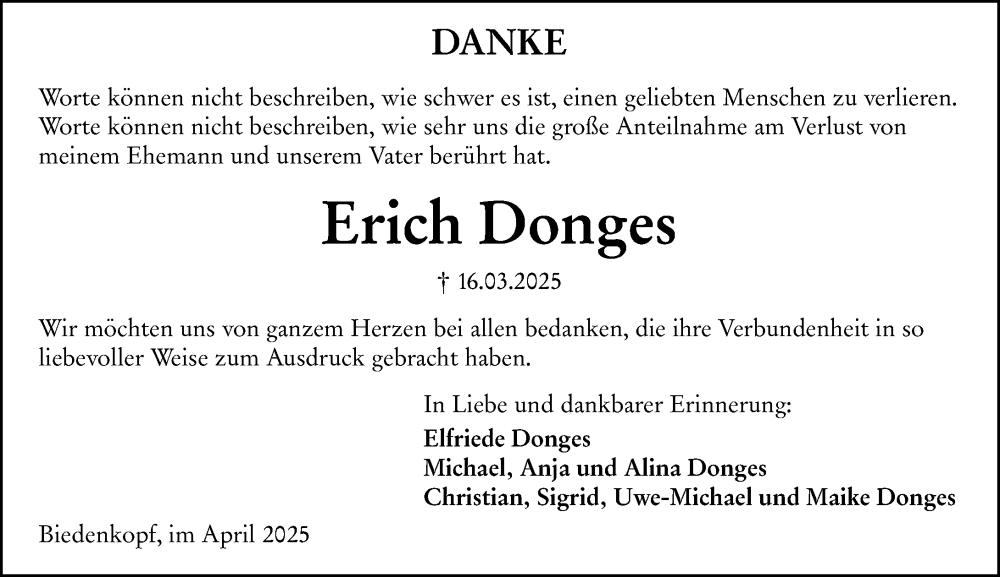  Traueranzeige für Erich Donges vom 17.04.2025 aus Hinterländer Anzeiger