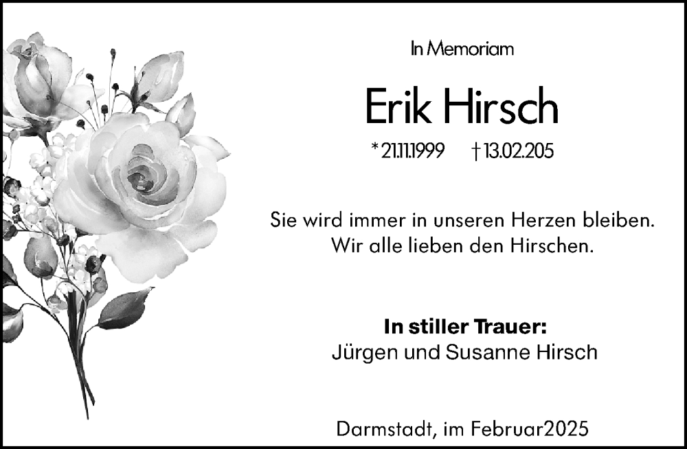  Traueranzeige für Erik Hirsch vom 22.04.2025 aus Darmstädter Echo