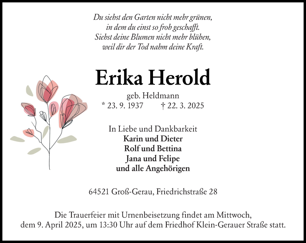  Traueranzeige für Erika Herold vom 05.04.2025 aus Groß-Gerauer Echo