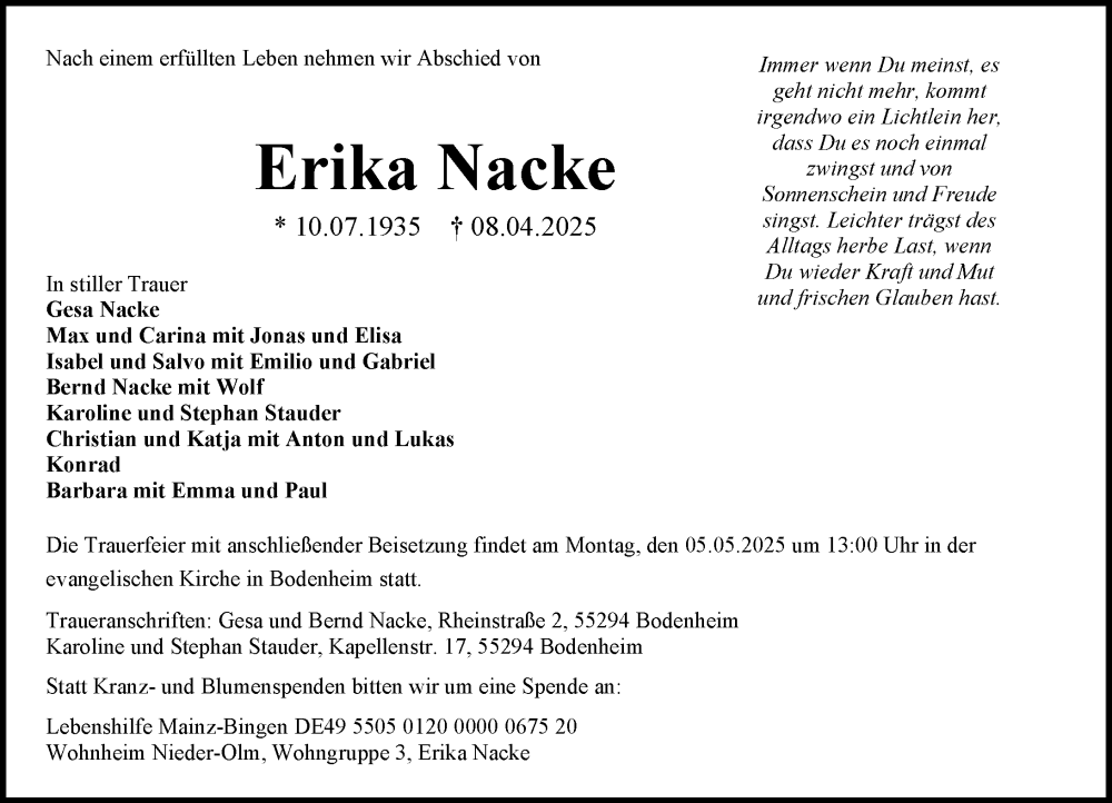  Traueranzeige für Erika Nacke vom 26.04.2025 aus Allgemeine Zeitung Mainz