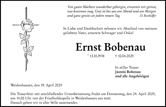 Traueranzeige von Ernst Bobenau von Hinterländer Anzeiger