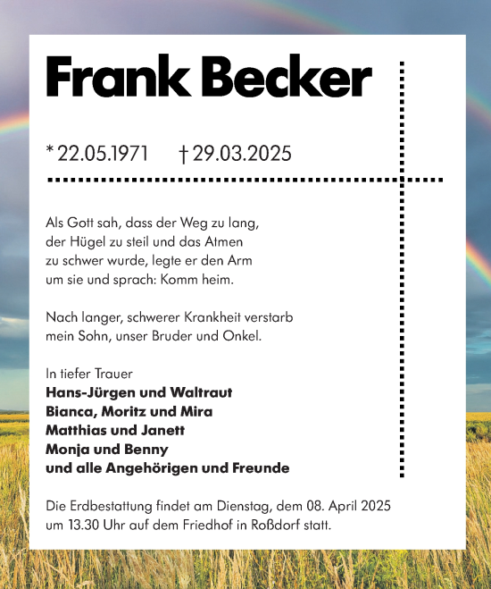 Traueranzeige von Frank Becker von Darmstädter Echo
