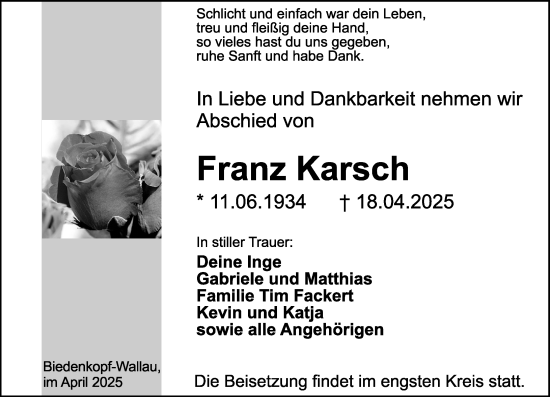 Traueranzeige von Franz Karsch von Hinterländer Anzeiger