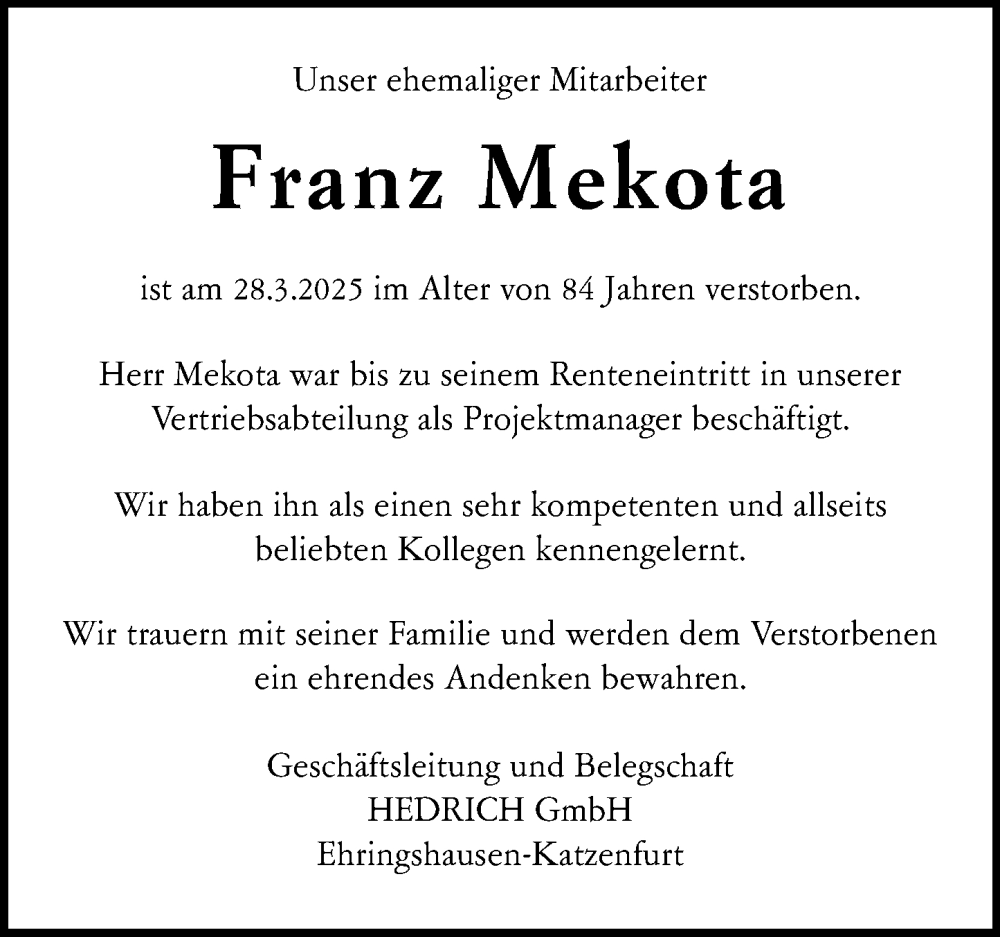  Traueranzeige für Franz Měkota vom 16.04.2025 aus Wetzlarer Neue Zeitung