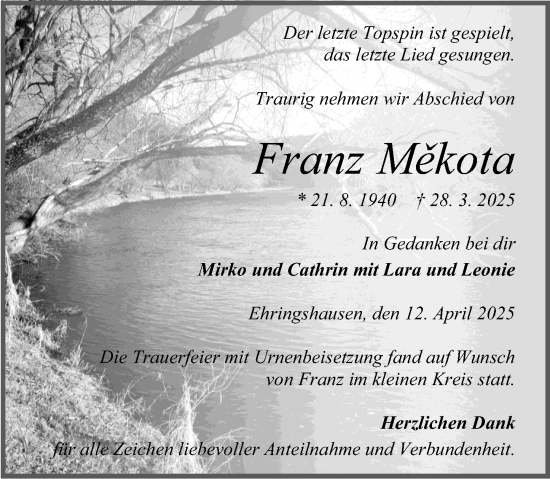 Traueranzeige von Franz Měkota von Wetzlarer Neue Zeitung